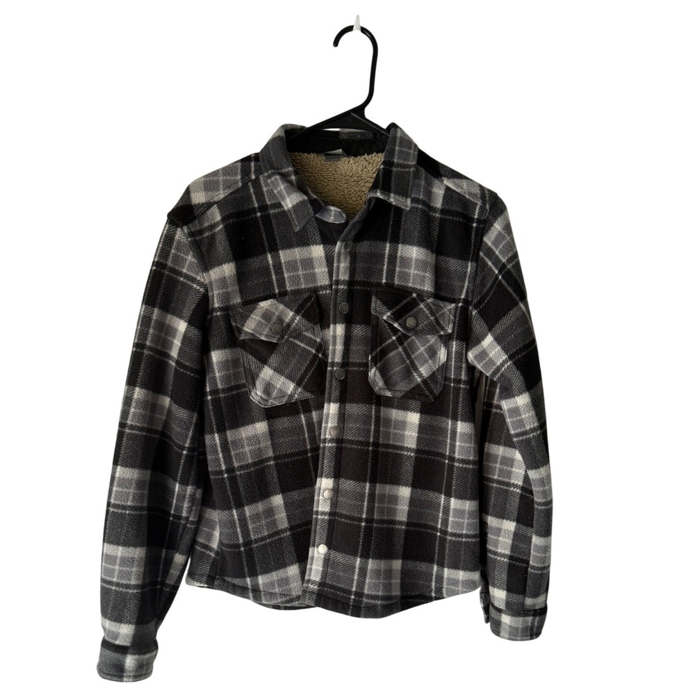 Eddie Bauer Plaid Fleece Sherpa Lined Shirt Jacket Kid Black Outdoor Shacket